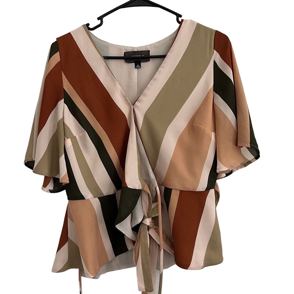 4Siennai Womens Size M Short Sleeve Wrap Blouse Striped Brown Earth Shades